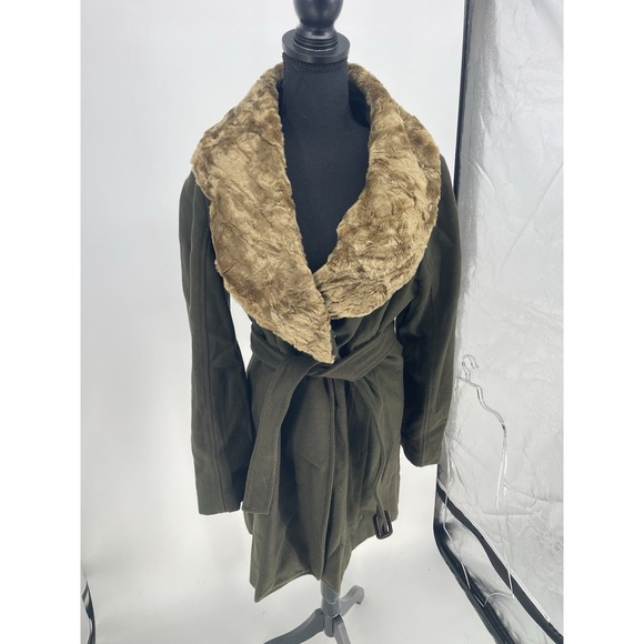 Nine West Jacket Heavy Coat Vintage Inspired Faux Fur Trim Army‎ Green Size 14 - Picture 1 of 8